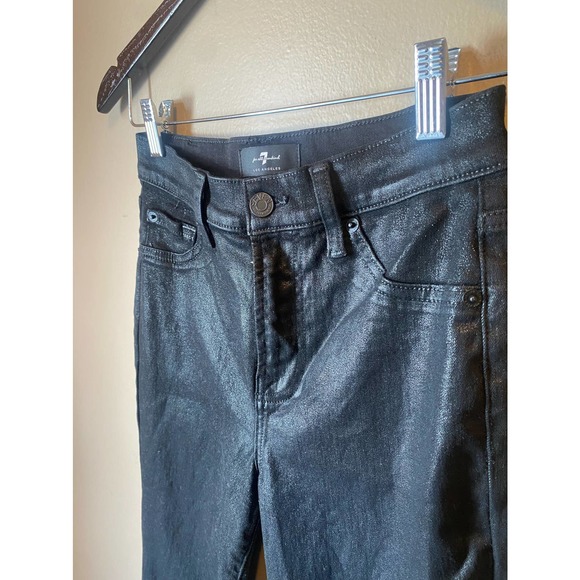 7 For All Mankind Wax Coated High Waist Slim Kick Flare Faux Leather in Black - Picture 12 of 14